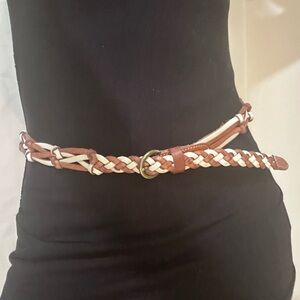 Fossil Tan & Cream Braided Leather Boho Western Belt, Brass Buckle. Size M